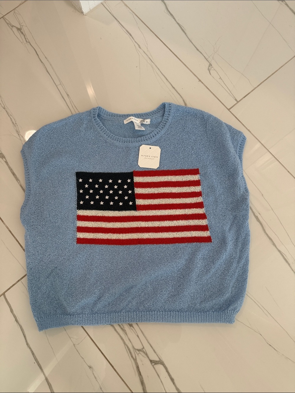 Altar'd State Light Blue Knit Tank with Flag Intarsia